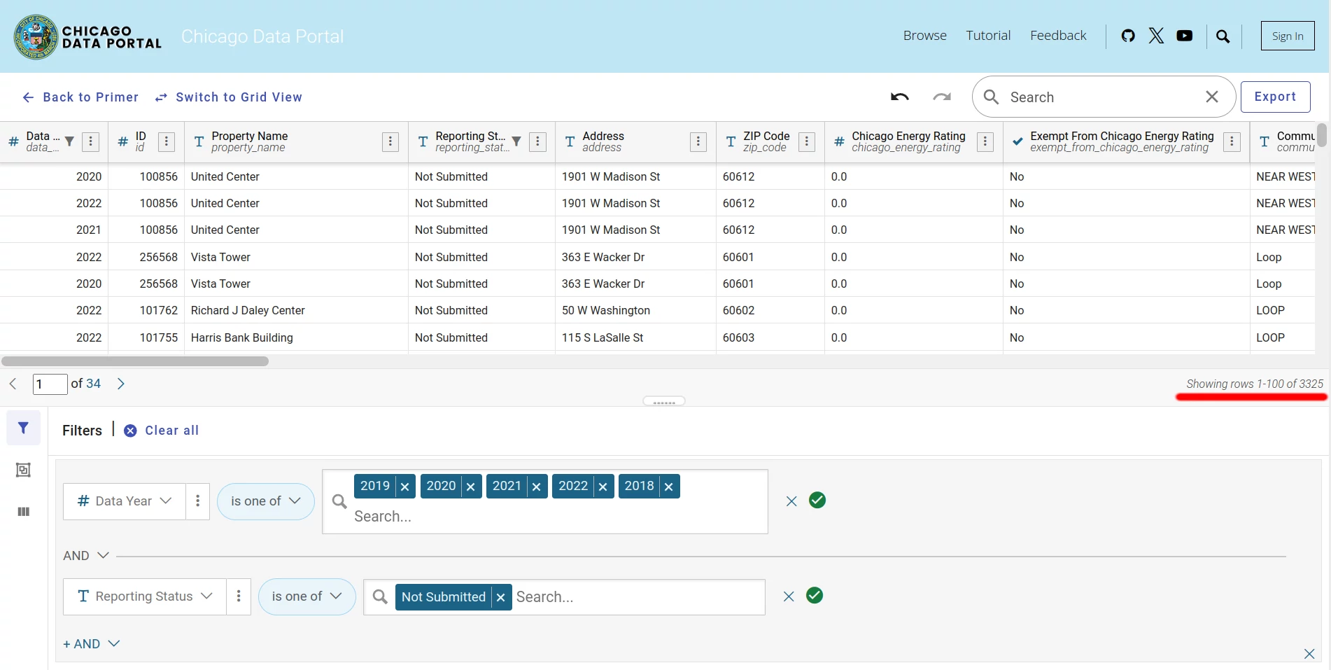 A screenshot of the city data portal showing a view of buildings filtered by the
        years 2018, 2019, 2020, 2021, and 2022, and a reporting status of 'Not Reporting',
        with the total results returned of 3,325 underlined in red